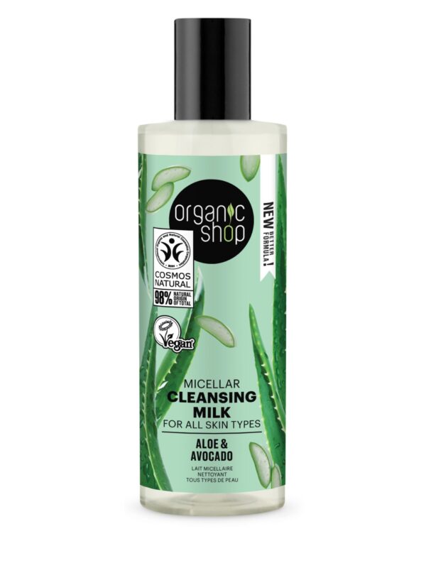 LECHE LIMPIADORA MICELAR PARA TODO TIPO DE PIEL «AGUACATE Y ALOE» DE ORGANIC SHOP, 150 ML