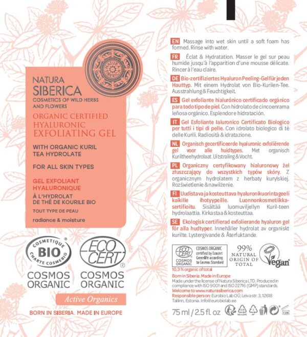 GEL EXFOLIANTE HIALURÓNICO CERTIFICADO ORGÁNICO PARA TODO TIPO DE PIEL, 75 ML - Image 4